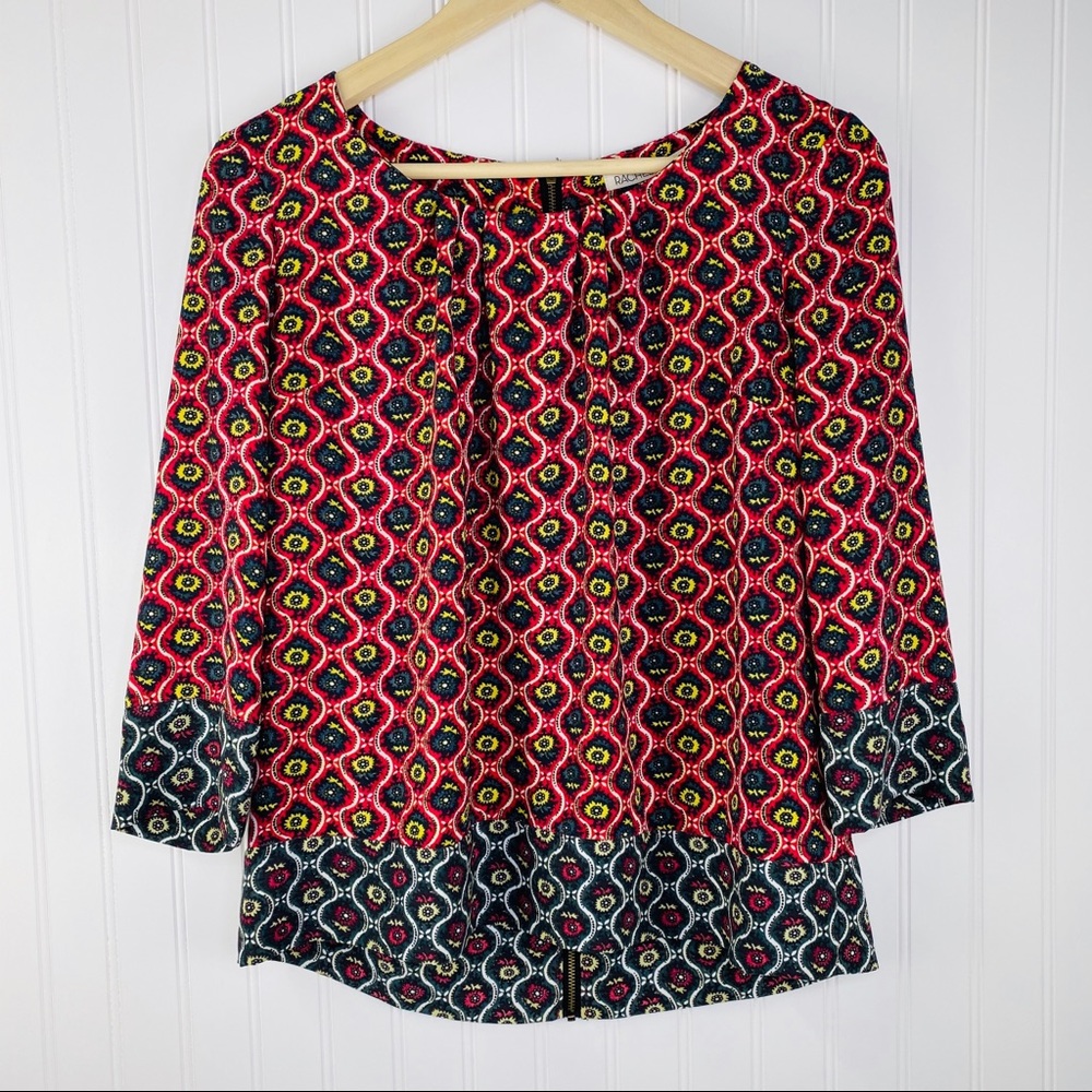 Rachel Rachel Roy Pleated Red Pattern Zipper Top Medium